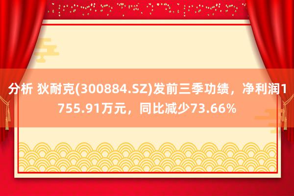 分析 狄耐克(300884.SZ)发前三季功绩，净利润1755.91万元，同比减少73.66%