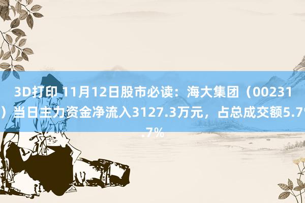 3D打印 11月12日股市必读：海大集团（002311）当日主力资金净流入3127.3万元，占总成交额5.7%