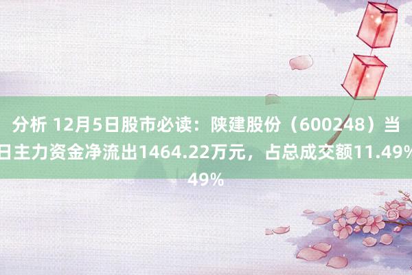 分析 12月5日股市必读：陕建股份（600248）当日主力资金净流出1464.22万元，占总成交额11.49%