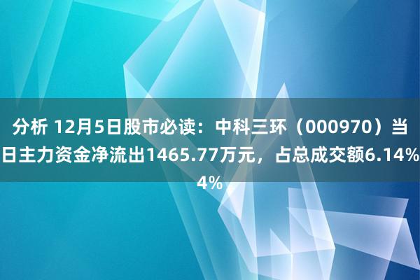 分析 12月5日股市必读：中科三环（000970）当日主力资金净流出1465.77万元，占总成交额6.14%