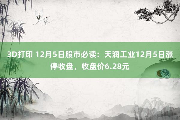 3D打印 12月5日股市必读：天润工业12月5日涨停收盘，收盘价6.28元