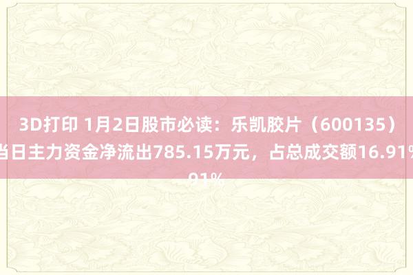 3D打印 1月2日股市必读：乐凯胶片（600135）当日主力资金净流出785.15万元，占总成交额16.91%