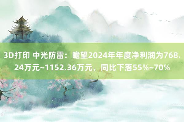 3D打印 中光防雷：瞻望2024年年度净利润为768.24万元~1152.36万元，同比下落55%~70%